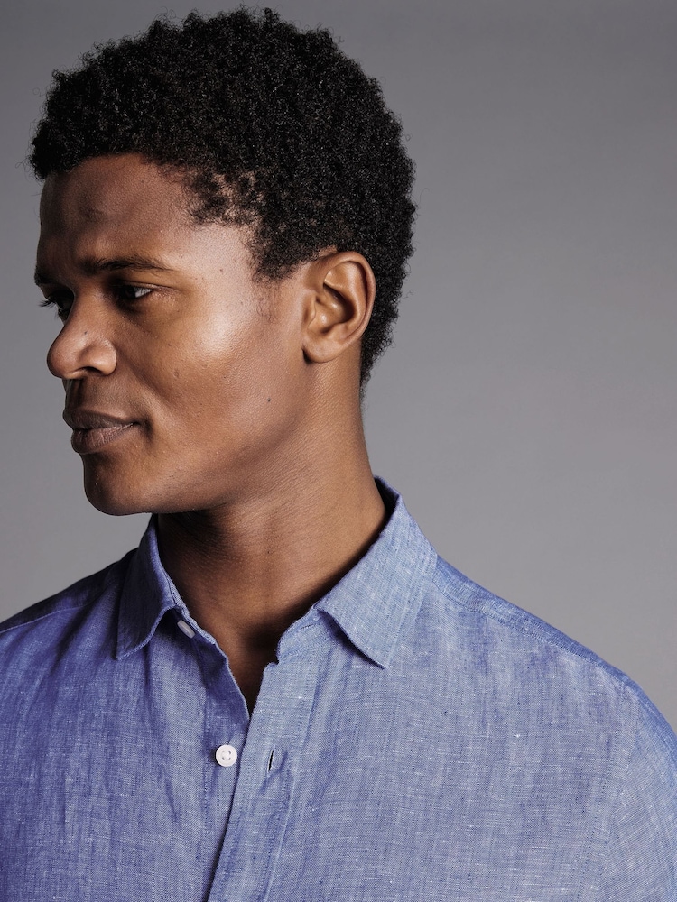 Charles Tyrwhitt Blue Plain Slim Fit Short Sleeve Pure 100% Linen Shirt - Image 2 of 5 Charles Tyrwhitt Blue Plain Slim Fit Short Sleeve Pure 100% Linen Shirt - Image 2 of 5