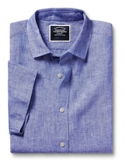 Charles Tyrwhitt Blue Plain Slim Fit Short Sleeve Pure 100% Linen Shirt - Image 3 of 5