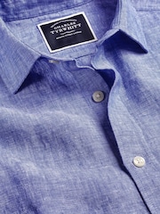 Charles Tyrwhitt Blue Plain Slim Fit Short Sleeve Pure 100% Linen Shirt - Image 4 of 5