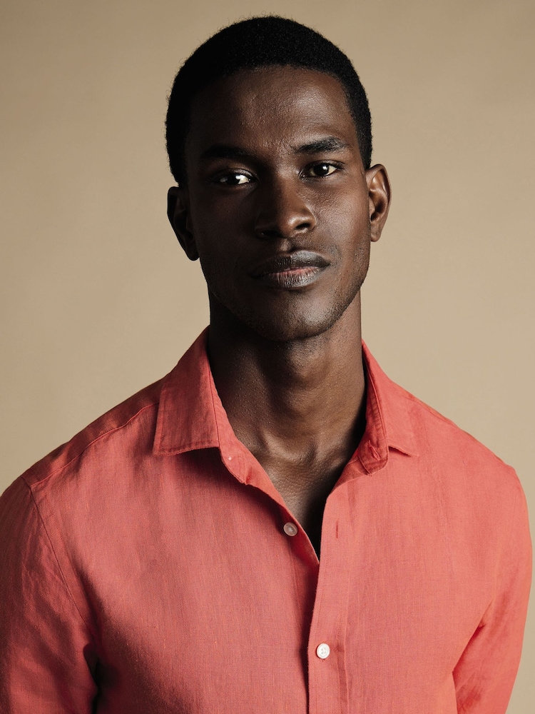 Charles Tyrwhitt Pink Plain Pure 100% Linen Slim Fit Shirt - Image 2 of 6