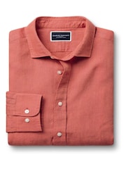 Charles Tyrwhitt Pink Plain Pure 100% Linen Slim Fit Shirt - Image 4 of 6