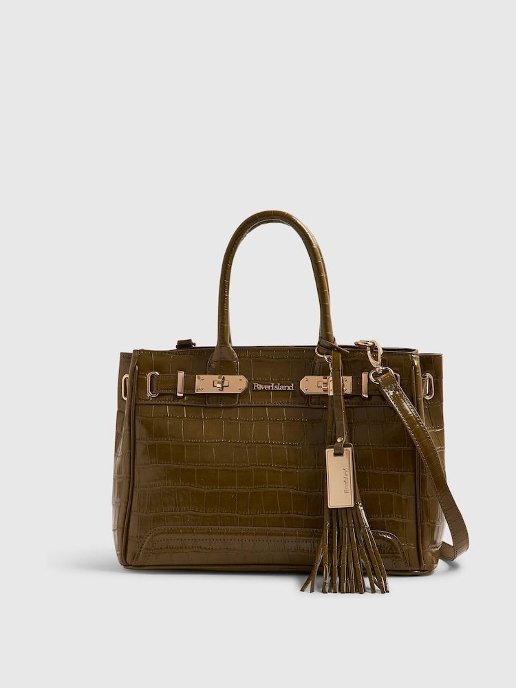 River Island Green Blair Lock Front Tassel Tote Bag - Image 2 of 6