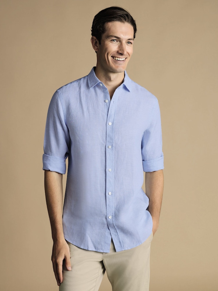 Charles Tyrwhitt Blue Slim Fit Plain Pure 100% Linen Shirt - Image 1 of 6