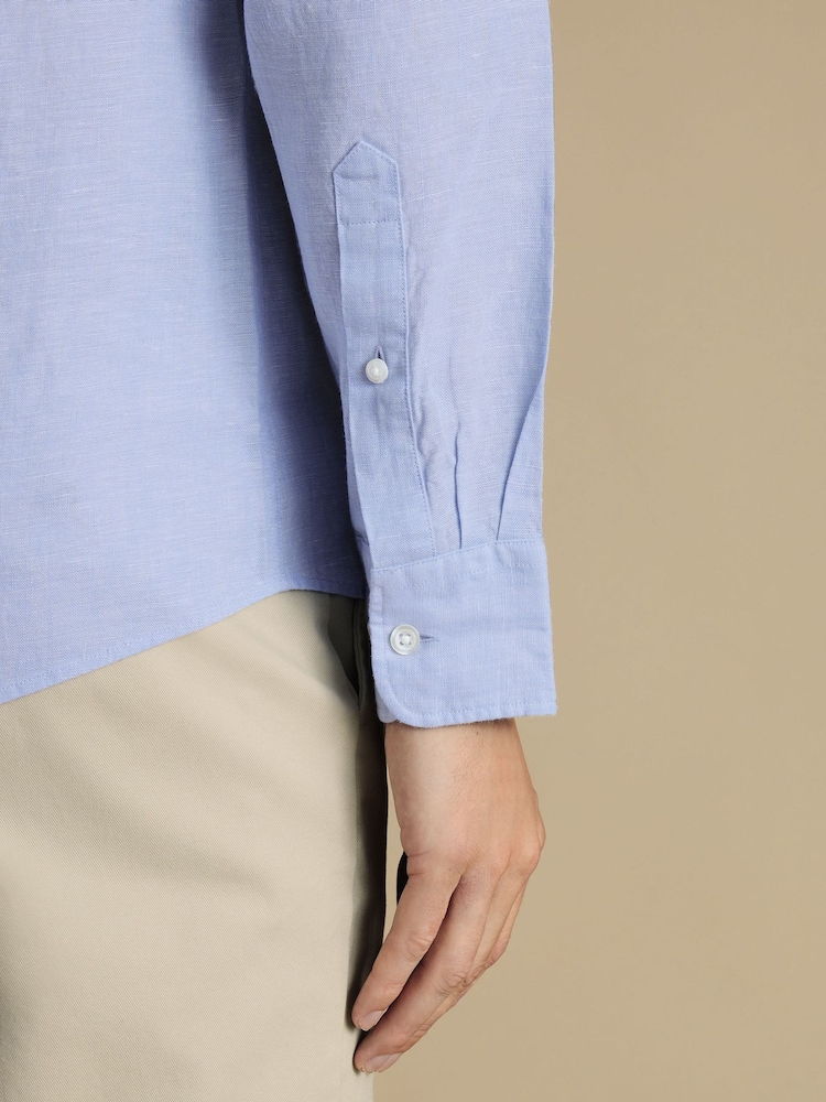 Charles Tyrwhitt Blue Slim Fit Plain Pure 100% Linen Shirt - Image 3 of 6