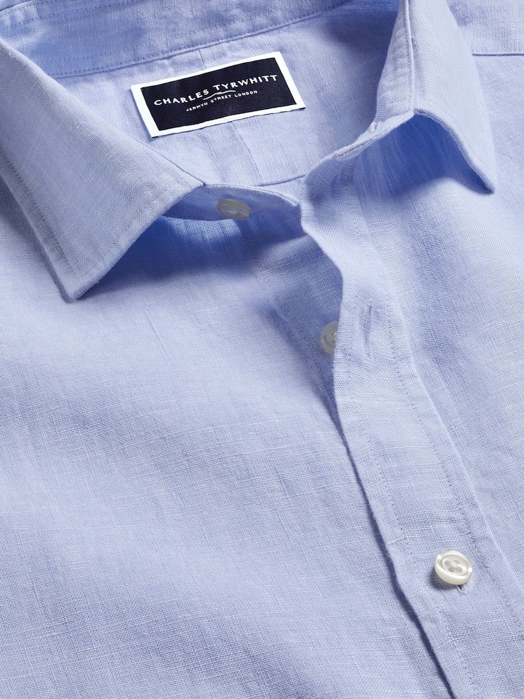 Charles Tyrwhitt Blue Slim Fit Plain Pure 100% Linen Shirt - Image 5 of 6