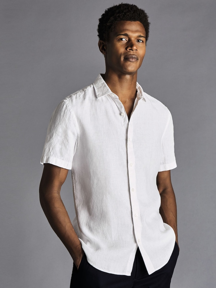 Charles Tyrwhitt White Slim Fit Plain Short Sleeve Pure 100% Linen Shirt - Image 1 of 4