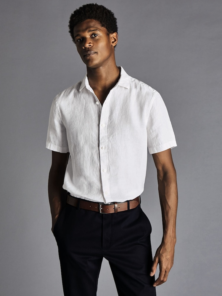 Charles Tyrwhitt White Slim Fit Plain Short Sleeve Pure 100% Linen Shirt - Image 2 of 4