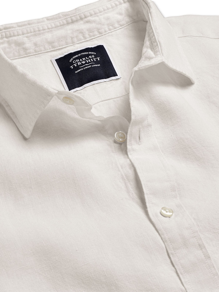 Charles Tyrwhitt White Slim Fit Plain Short Sleeve Pure 100% Linen Shirt - Image 3 of 4