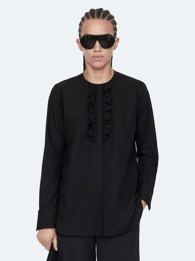 AllSaints Black Amara Ruffle Shirt - Image 1 of 8