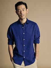 Charles Tyrwhitt Blue Plain Pure 100% Linen Slim Fit Shirt - Image 1 of 6