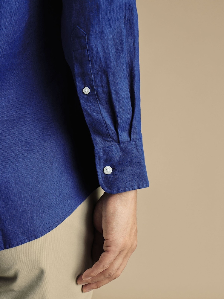 Charles Tyrwhitt Blue Plain Pure 100% Linen Slim Fit Shirt - Image 3 of 6
