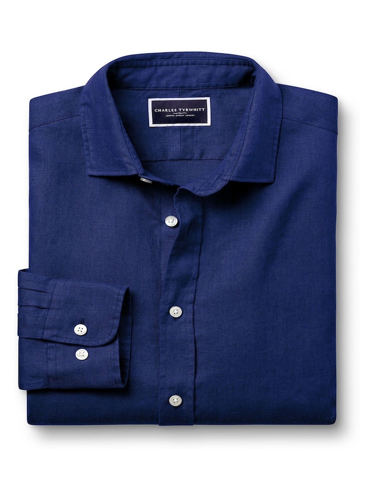 Charles Tyrwhitt Blue Plain Pure 100% Linen Slim Fit Shirt - Image 4 of 6