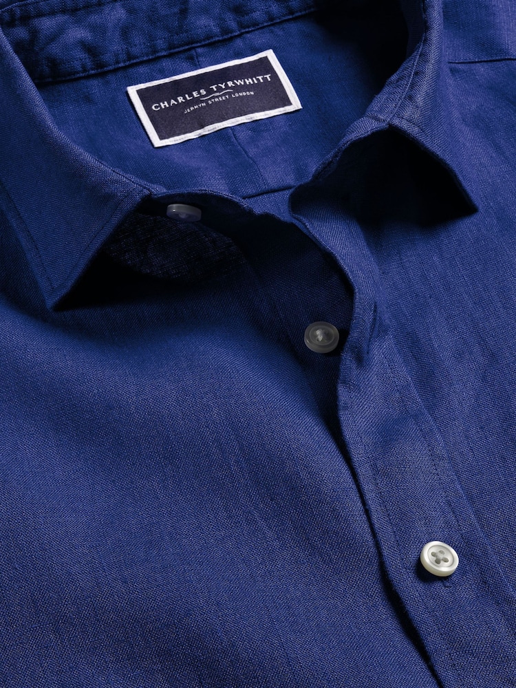 Charles Tyrwhitt Blue Plain Pure 100% Linen Slim Fit Shirt - Image 5 of 6