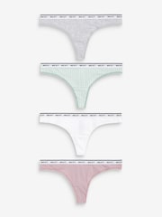 White/Grey/Pink/Light Green Thong Cotton Rich Logo Knickers 4 Pack - Image 1 of 8