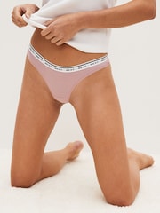 White/Grey/Pink/Light Green Thong Cotton Rich Logo Knickers 4 Pack - Image 2 of 8