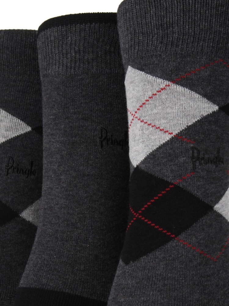 Pringle Grey Traditional Argyle 3 Pack Pattern Socks - Image 5 of 5