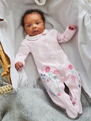 JoJo Maman Bébé Pink Bunny Appliqué Cotton Baby Sleepsuit - Image 1 of 5