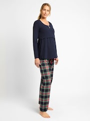 JoJo Maman Bébé Navy Check Maternity & Nursing Pyjama Set - Image 1 of 2
