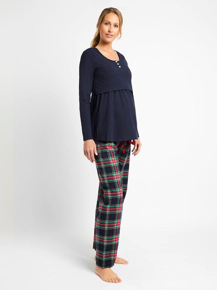JoJo Maman Bébé Navy Check Maternity & Nursing Pyjama Set - Image 1 of 2