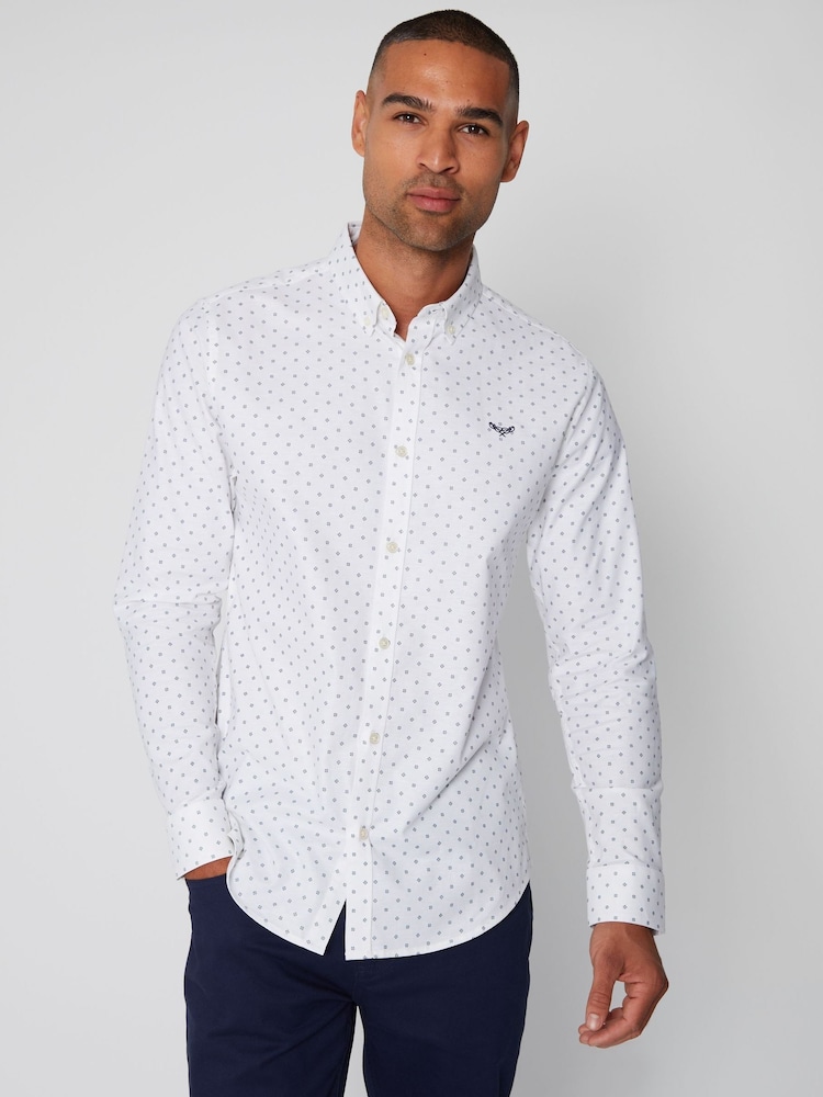Threadbare White Geometric Print Long Sleeve Shirt With Stretch - Image 1 of 4