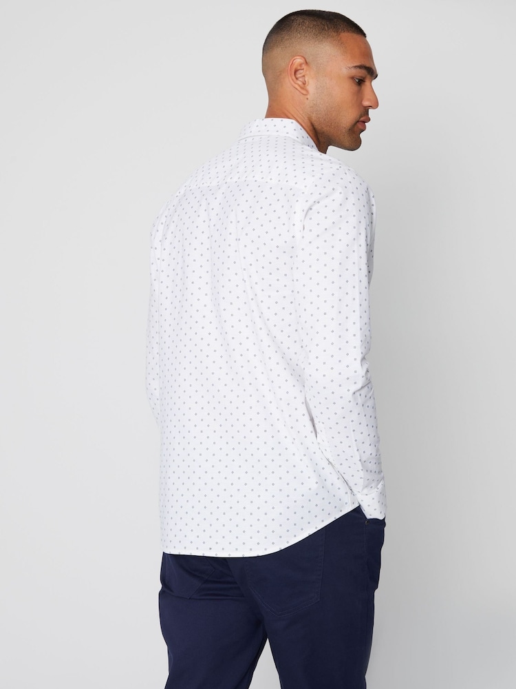 Threadbare White Geometric Print Long Sleeve Shirt With Stretch - Image 2 of 4