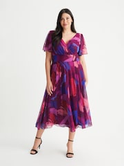 Scarlett & Jo Magenta Pink Splash Victoria Angel Sleeve Mesh Midi Dress - Image 1 of 4