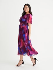 Scarlett & Jo Magenta Pink Splash Victoria Angel Sleeve Mesh Midi Dress - Image 3 of 4