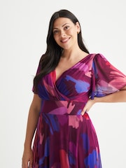 Scarlett & Jo Magenta Pink Splash Victoria Angel Sleeve Mesh Midi Dress - Image 4 of 4