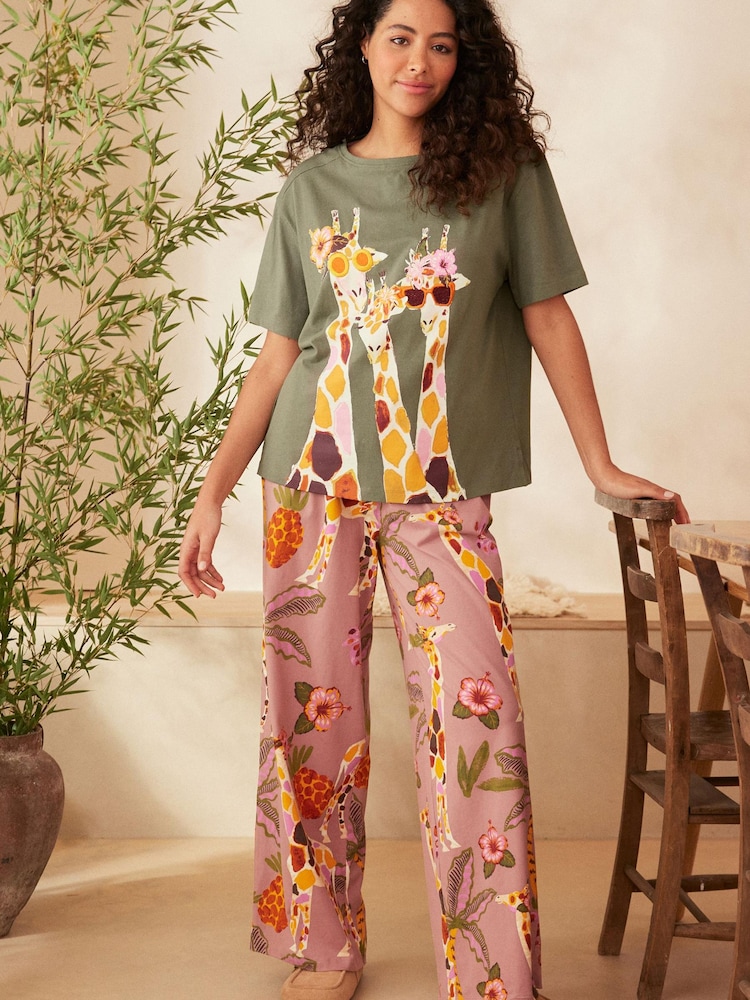 Khaki Giraffe Cotton Short Sleeve Pyjamas - Image 2 of 5