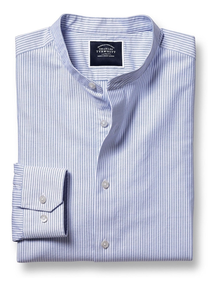 Men's Charles Tyrwhitt Collarless Stretch Washed Oxford Stripe Casual Shirt - Ocean Blue Single Cuff Size XXL Cotton Men's Charles Tyrwhitt Collarless Stretch Washed Oxford Stripe Casual Shirt - Ocean Blue Single Cuff Size XXL Cotton
