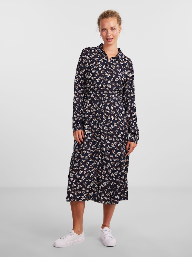 PIECES Black Printed Midi Shirt Dress - Image 1 of 5