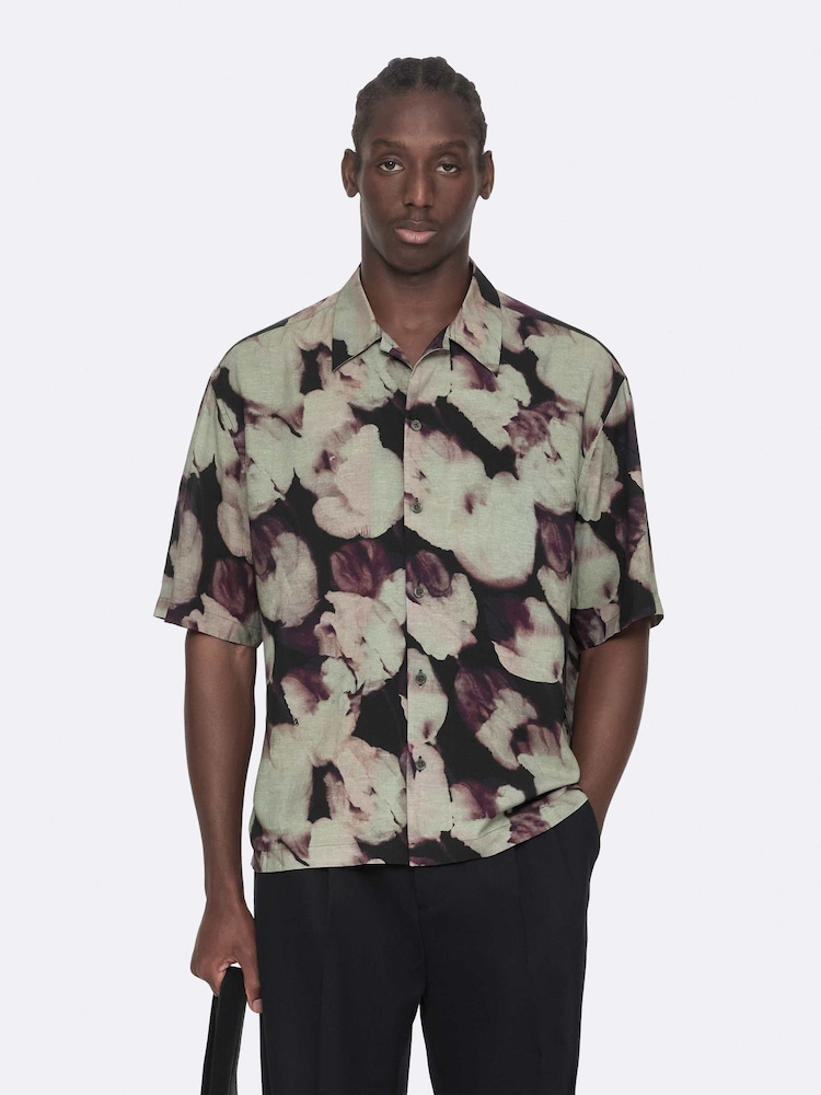 AllSaints Black Tulip Short Sleeve Shirt - Image 1 of 8 AllSaints Black Tulip Short Sleeve Shirt - Image 1 of 8