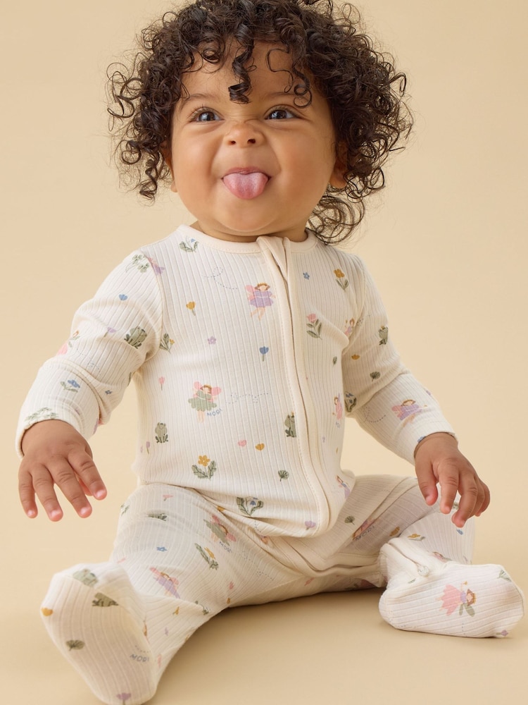 MORI Cream Cream Fairy Garden Supersoft Ribbed Two Way Zip-Up Sleepsuit - Image 1 of 6