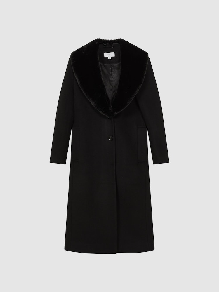 Reiss Black Laurie Wool Blend Removable Faux Fur Collar Coat - Image 2 of 6