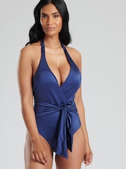 South Beach Navy Textured Tie Wrap Around Swimsuit - Image 3 of 5