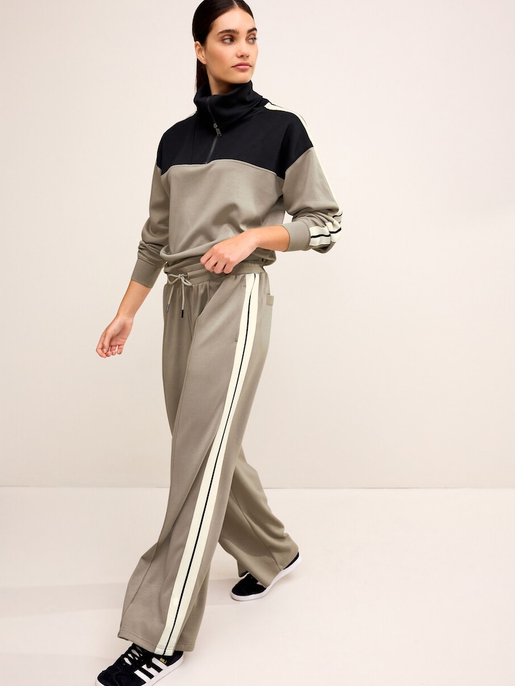 Stone Natural/Black Slinky Quarter Zip Funnel Neck Long Sleeve Top - Image 2 of 7