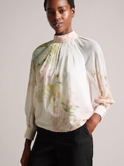 Ted Baker Lelyaa High Neck Pleat Detailing Long Sleeve White Top - Image 1 of 5