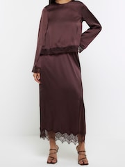 River Island Brown Lace Mix Midi Skirt - Image 1 of 4