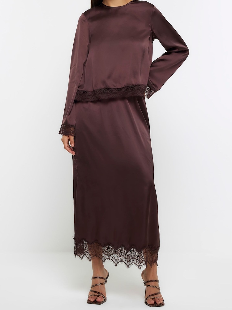River Island Brown Lace Mix Midi Skirt - Image 1 of 4