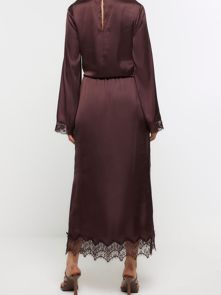 River Island Brown Lace Mix Midi Skirt - Image 2 of 4