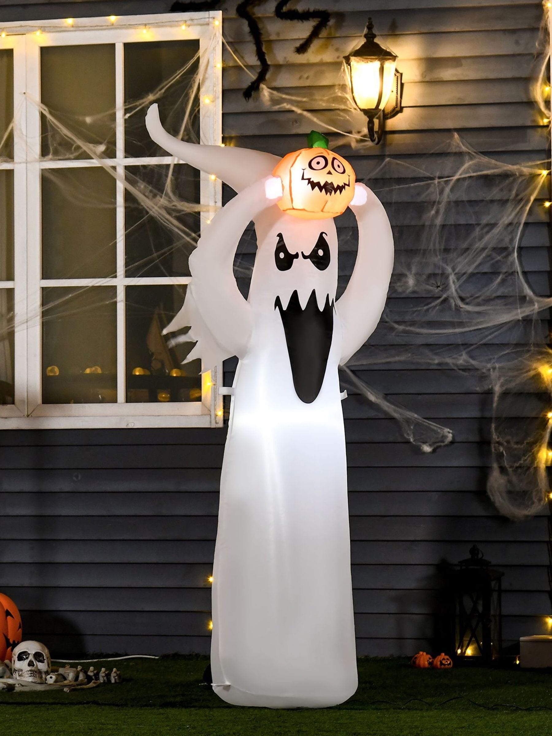 All Hallows 1.8m Floating Ghost & Pumpkin Halloween Decoration - White Polyester - LED Lights - Image 10