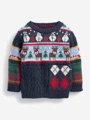 Navy Splice Check And Cable Christmas Jumper (3mths-7yrs) - Image 1 of 3