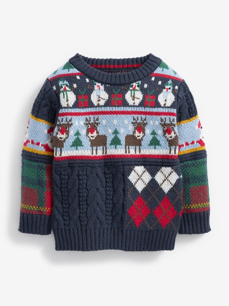 Navy Splice Check And Cable Christmas Jumper (3mths-7yrs) - Image 1 of 3