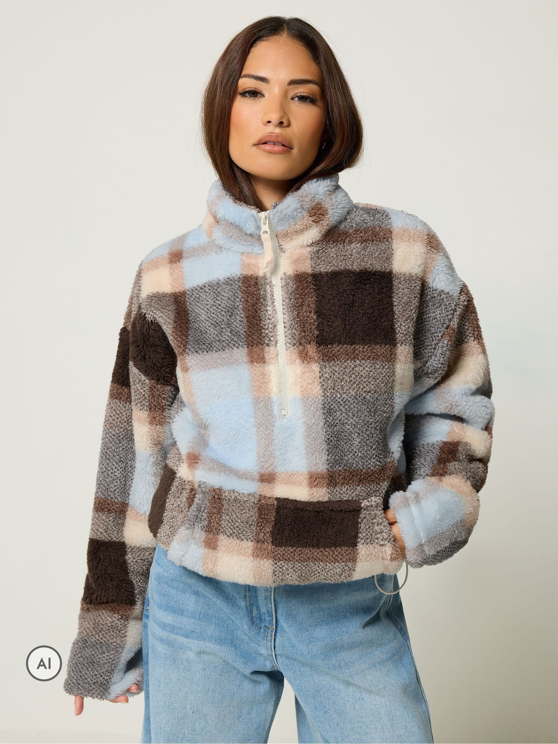 Pixiegirl Women's Light Blue Petite Checkered Zip Fleece In Size 18 - Image 2