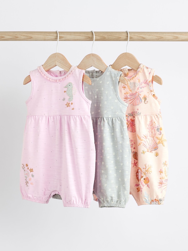 Grey Seashell Print Baby Vest Rompers 3 Pack - Image 1 of 10