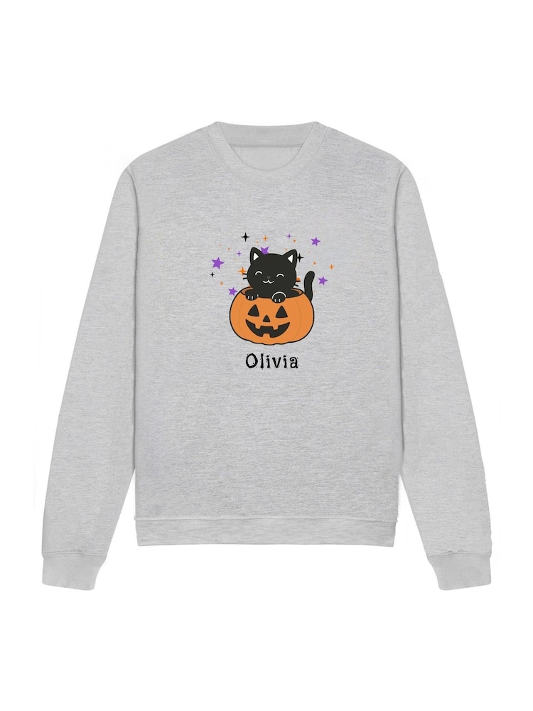 Personalised Kid's Pumpkin Cat Halloween Sweatshirt by Koko Blossom - Image 1 of 2 Personalised Kid's Pumpkin Cat Halloween Sweatshirt by Koko Blossom - Image 1 of 2
