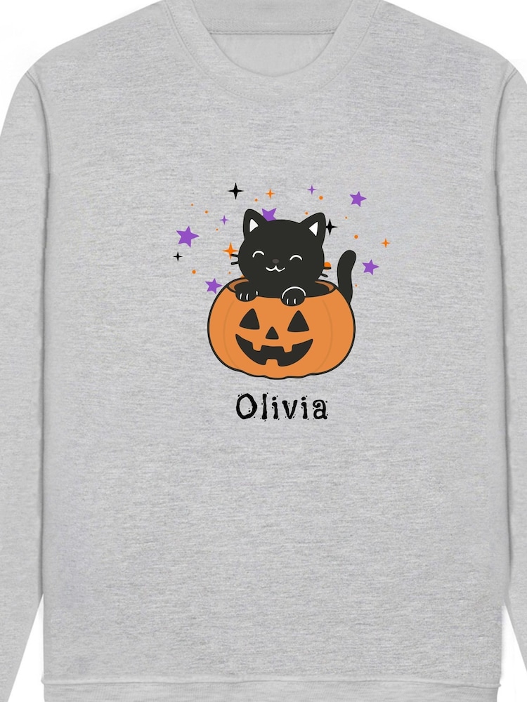 Personalised Kid's Pumpkin Cat Halloween Sweatshirt by Koko Blossom - Image 2 of 2 Personalised Kid's Pumpkin Cat Halloween Sweatshirt by Koko Blossom - Image 2 of 2