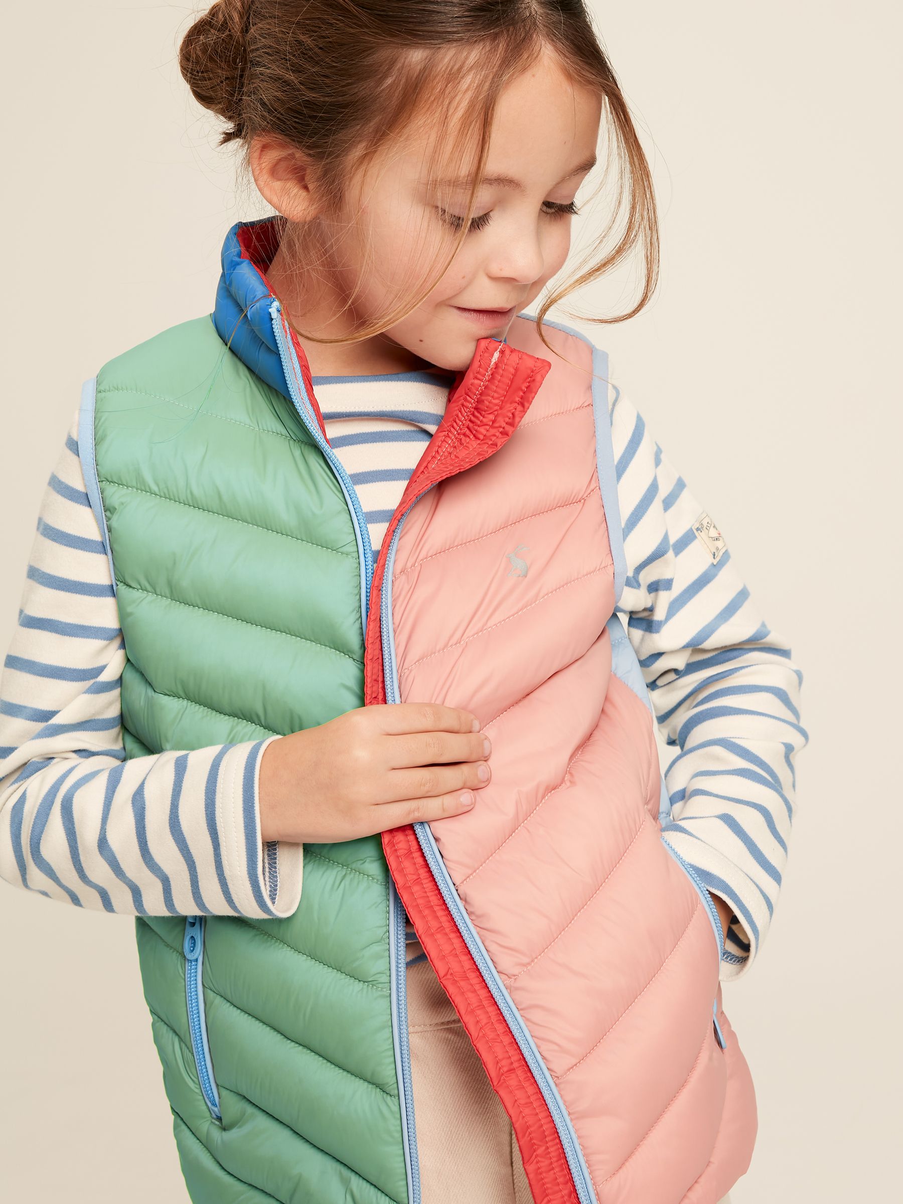 Girls Joules Kids Crofton Pink Hotchpotch Showerproof Quilted Gilet Pink