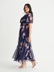 Scarlett & Jo Navy Blue Floral Curve Isabelle Angel Sleeve Maxi Dress - Image 3 of 4