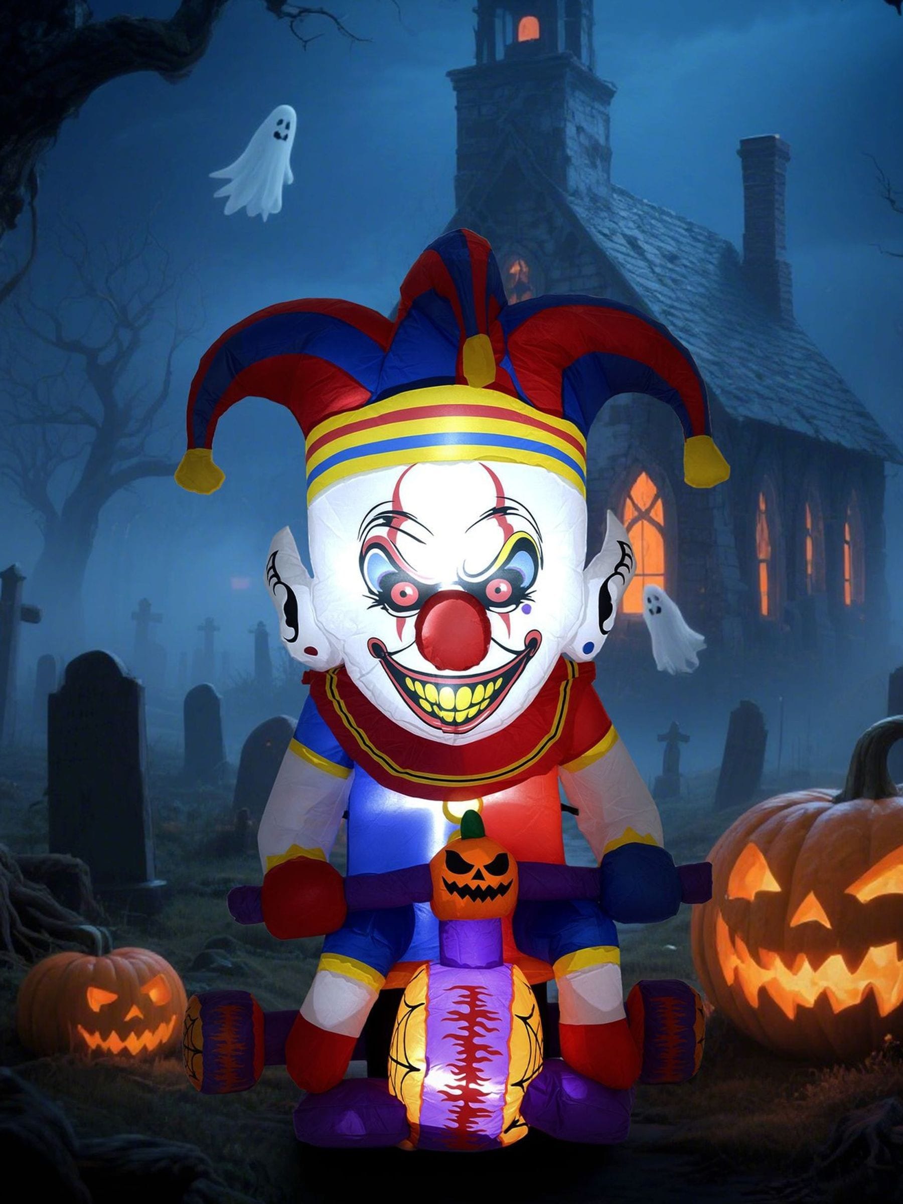 Rackhams Dark/Light/White Blow Up Clown On Bicycle Outdoor Halloween Decoration 4Ft - 80W X 90D X 120H Cm - 1 - Multi-Colored - Image 2